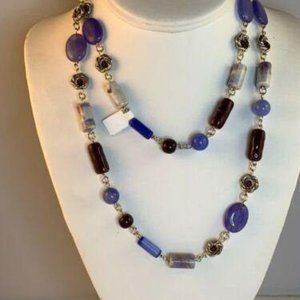 Silver Tone With Blue Purple & Gray Beads Necklace (NA75)